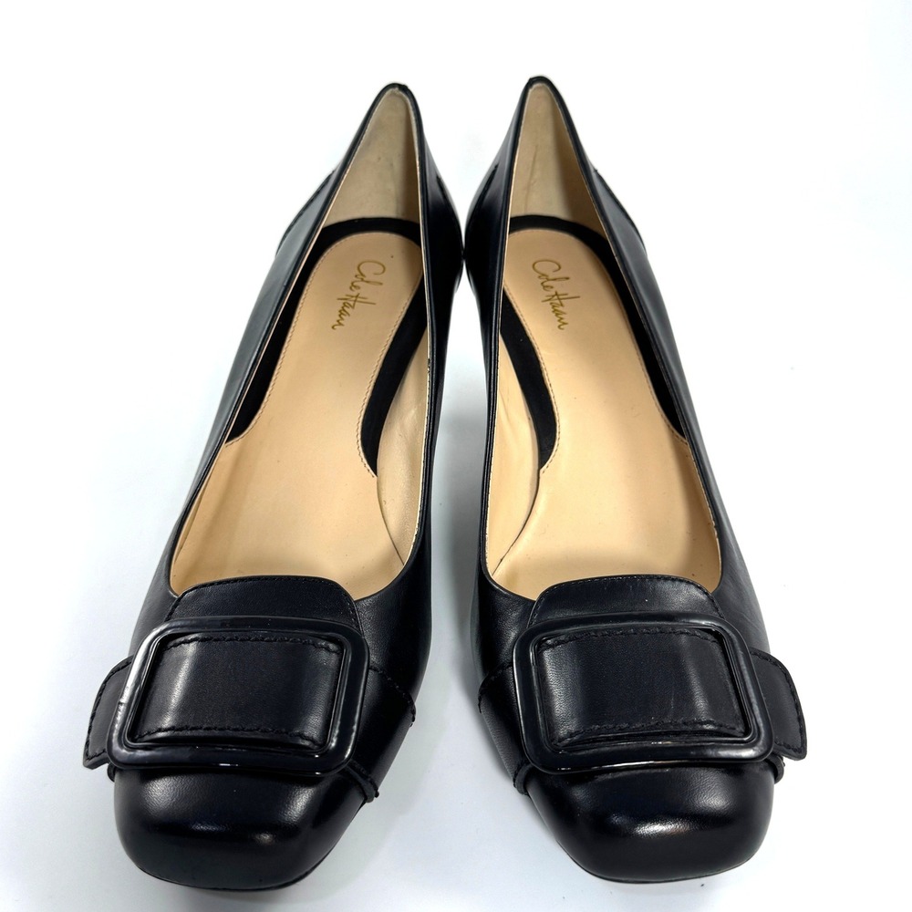 Cole Haan Womens Black Leather Square Toe Buckle Kitten Heel Pumps Size 10B - Picture 2 of 9